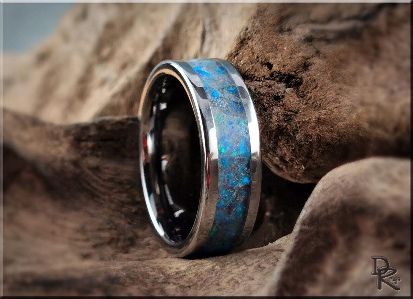 Tungsten Carbide Channel Ring w/Opal and Glow inlay - metal ring