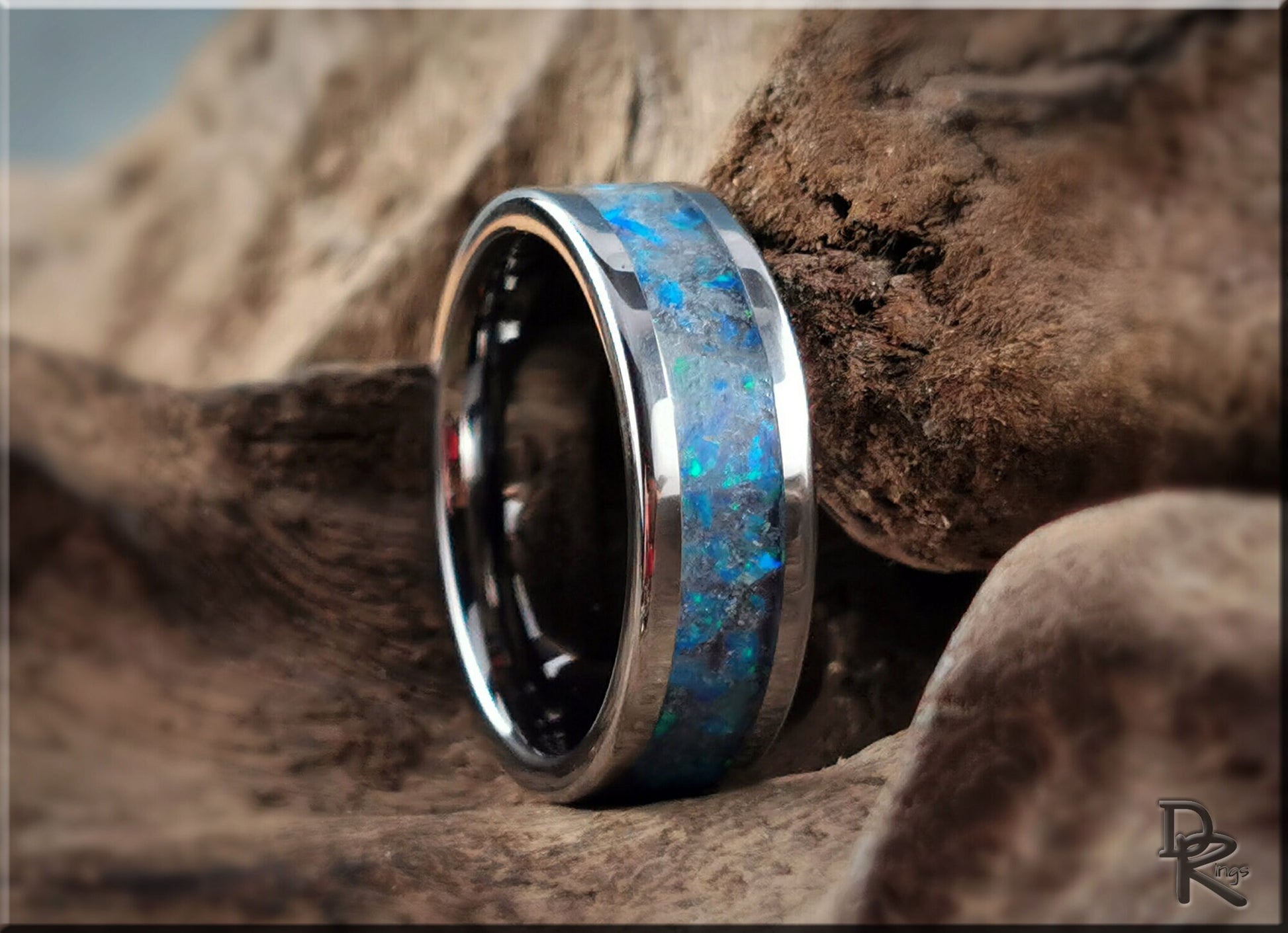 Tungsten Carbide Channel Ring w/Opal and Glow inlay - metal ring