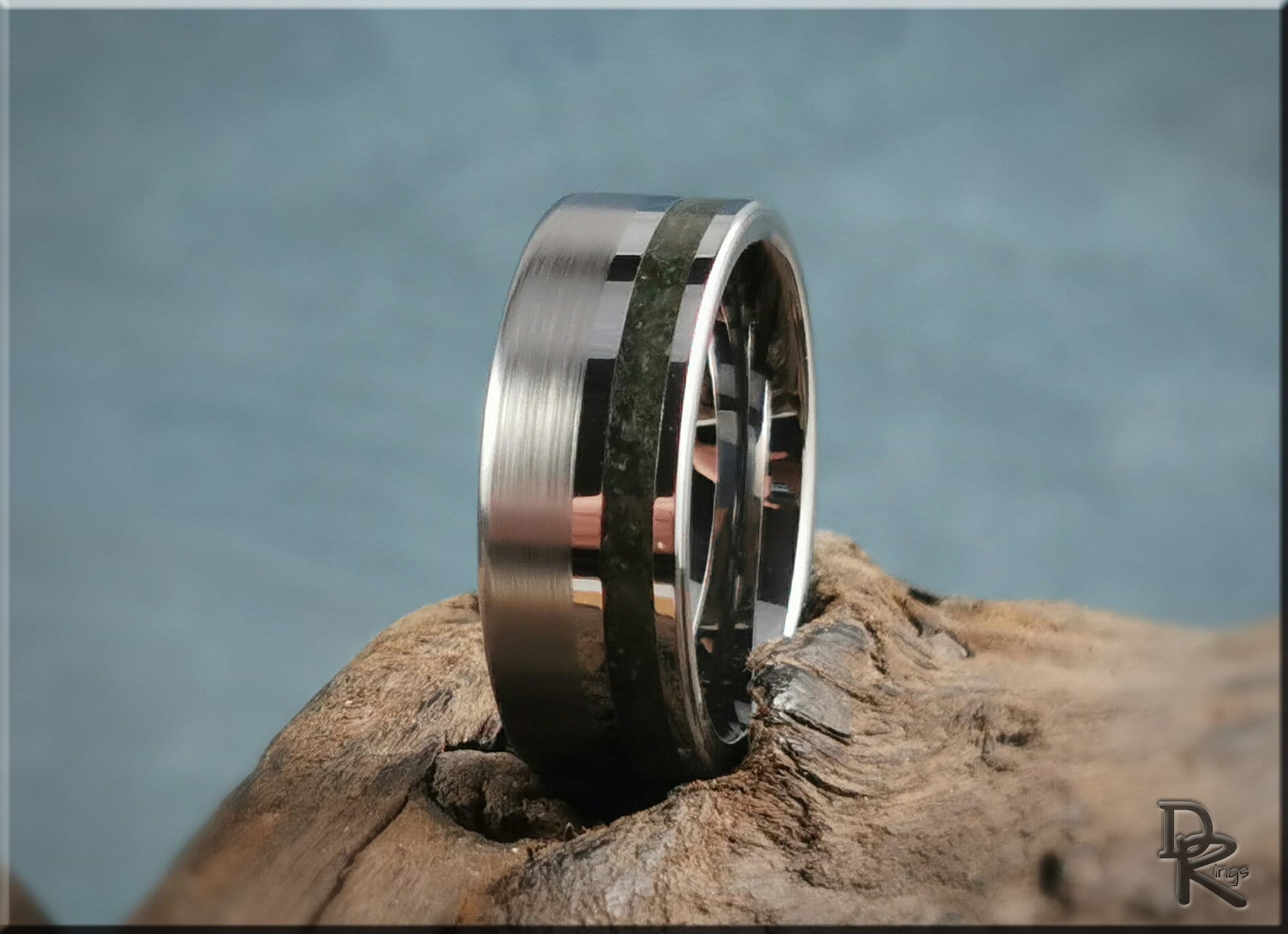 Tungsten Carbide Channel Ring w/offset Moss Agate stone inlay - metal ring