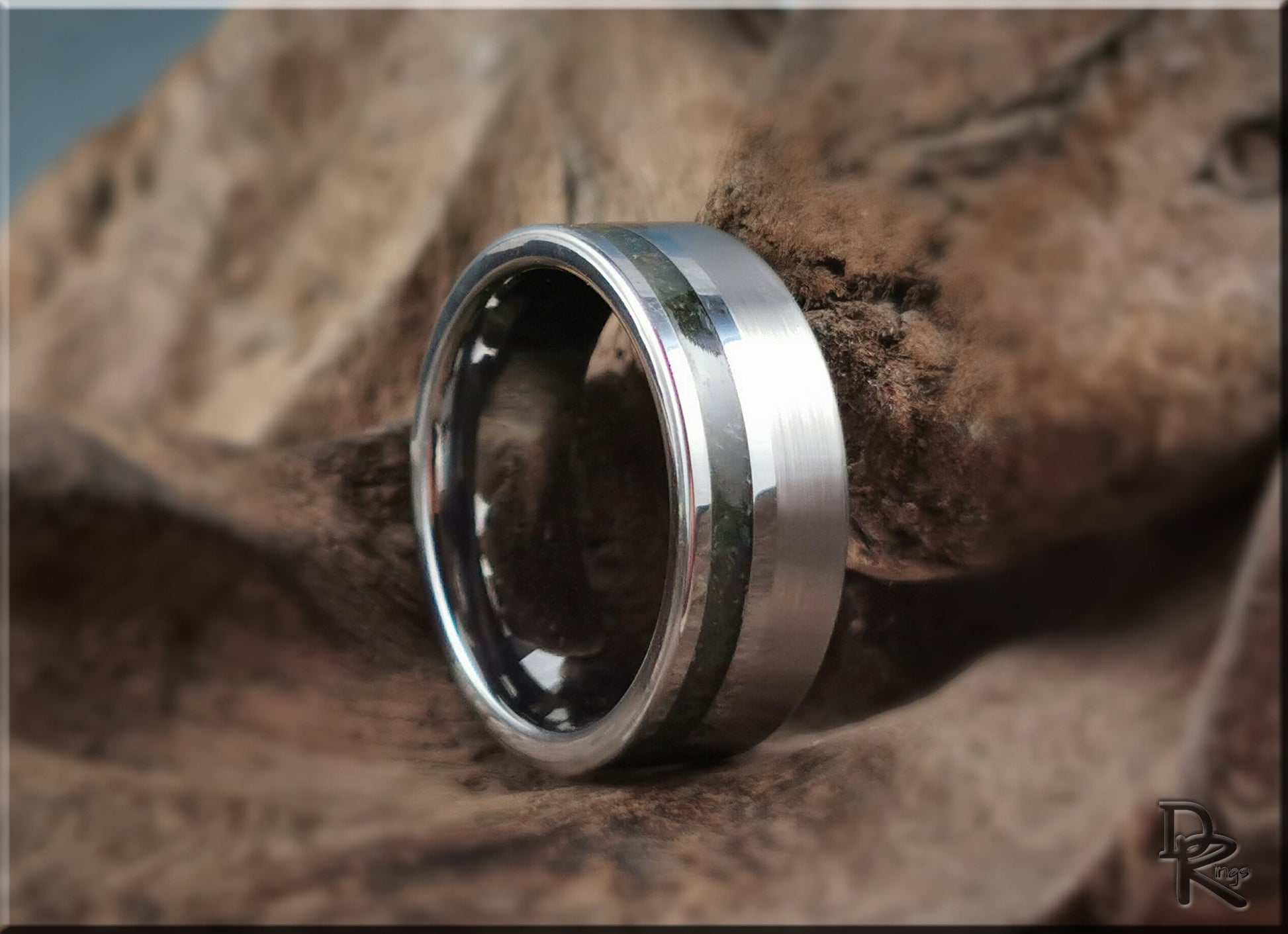 Tungsten Carbide Channel Ring w/offset Moss Agate stone inlay - metal ring