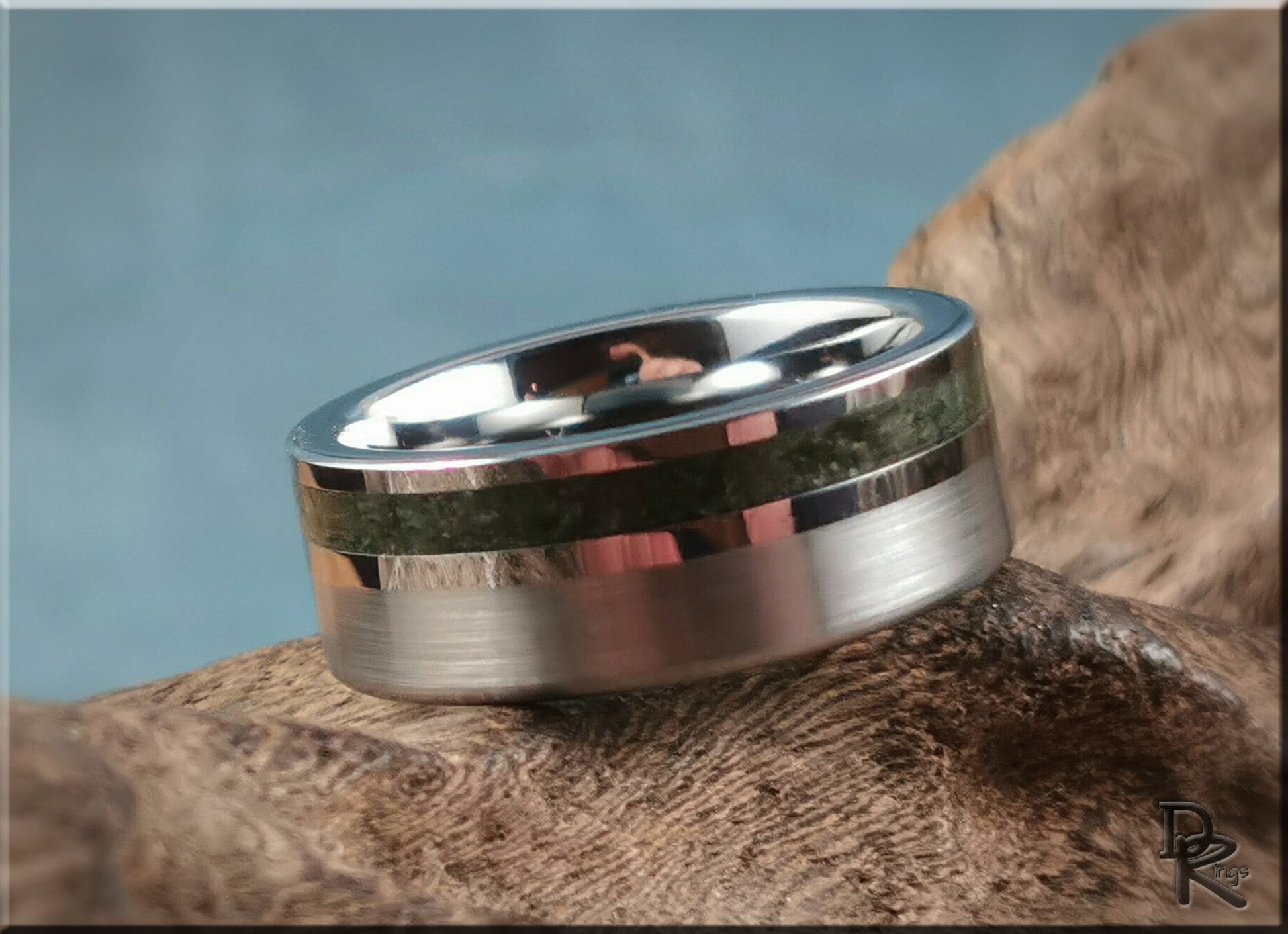 Tungsten Carbide Channel Ring w/offset Moss Agate stone inlay - metal ring