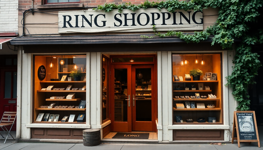 Exterior view of a cozy ring shopping store with displays showcasing various ring designs for ring material comparison