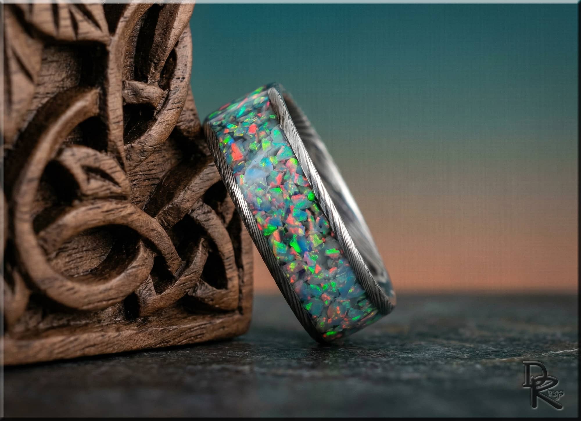 Blackened Damascus Steel Ring with Opal Inlay