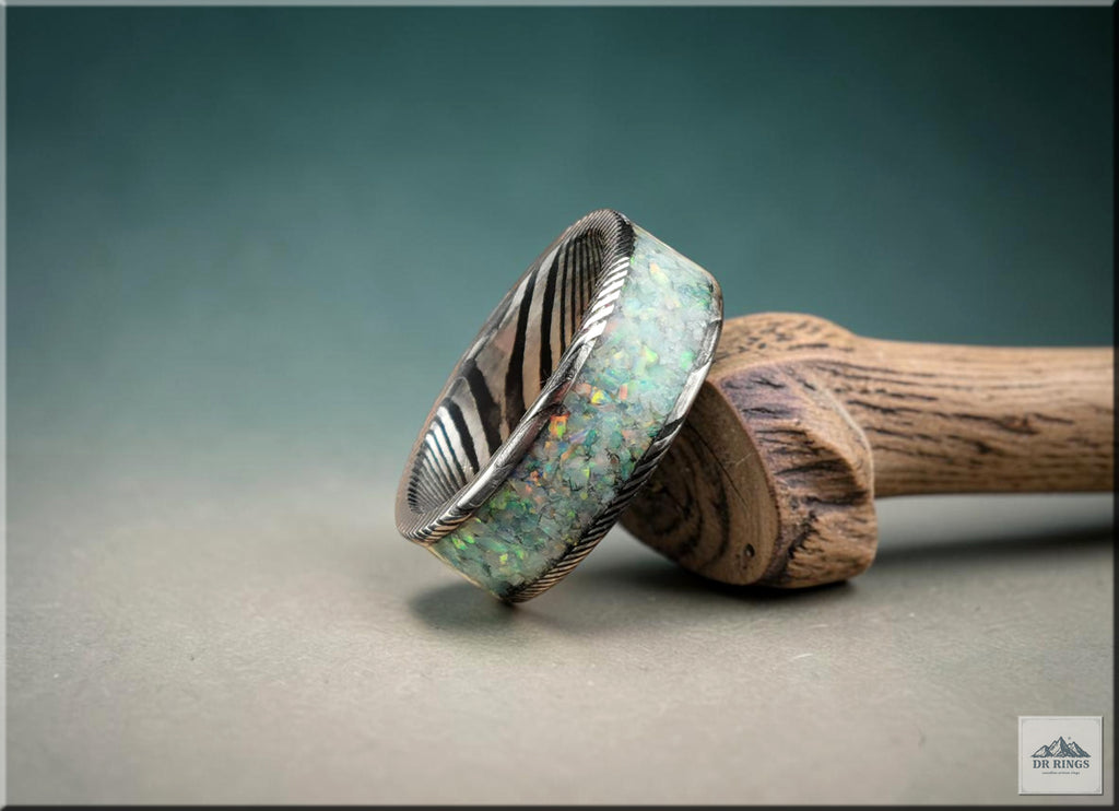 Blackened Damascus Steel Ring with Opal Inlay