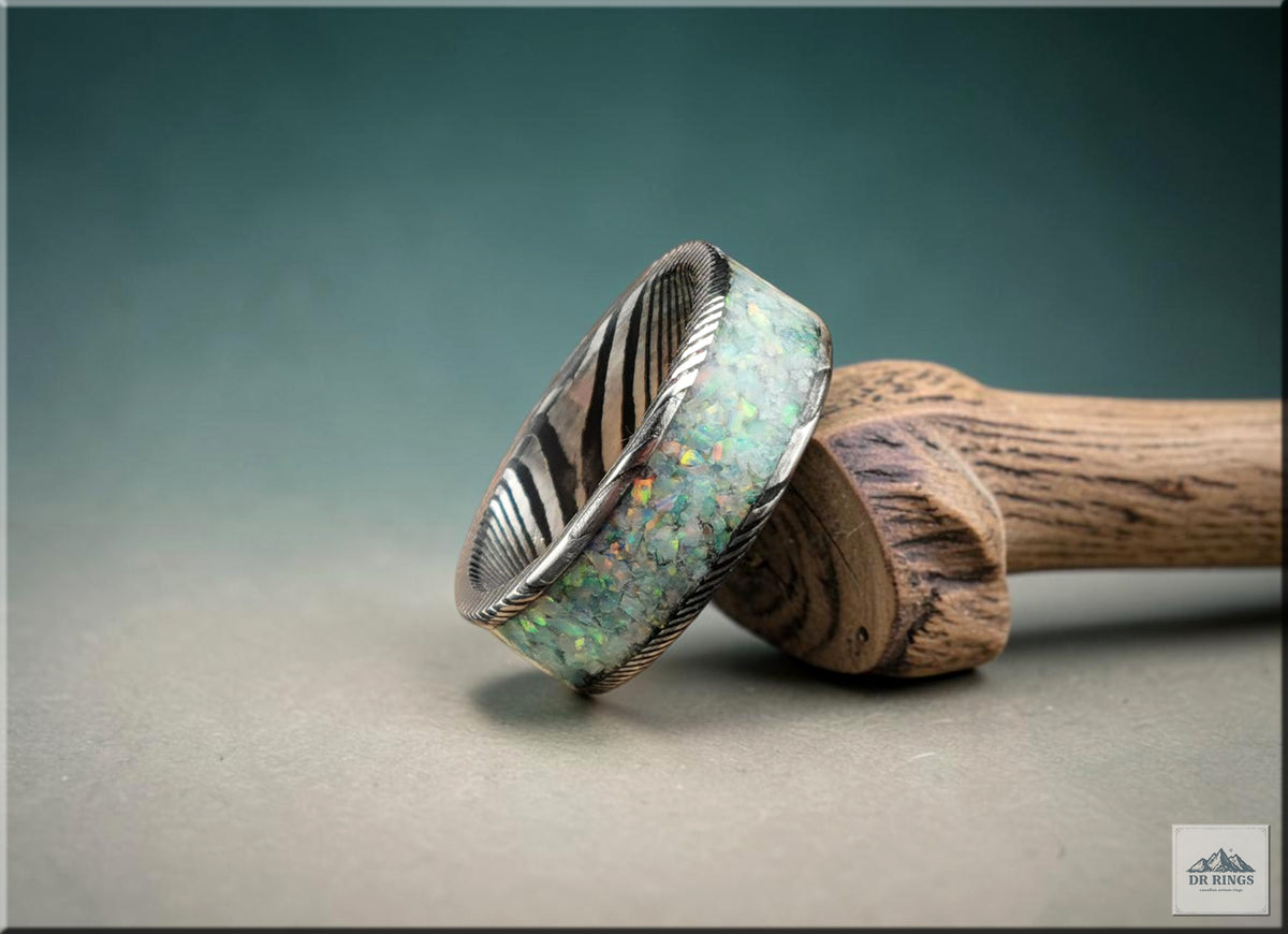 Blackened Damascus Steel Ring with Opal Inlay