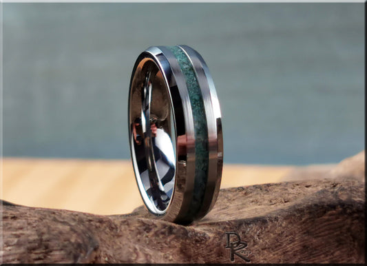 Thin Line Tungsten Carbide Channel Ring w/Amazonite stone inlay - metal ring