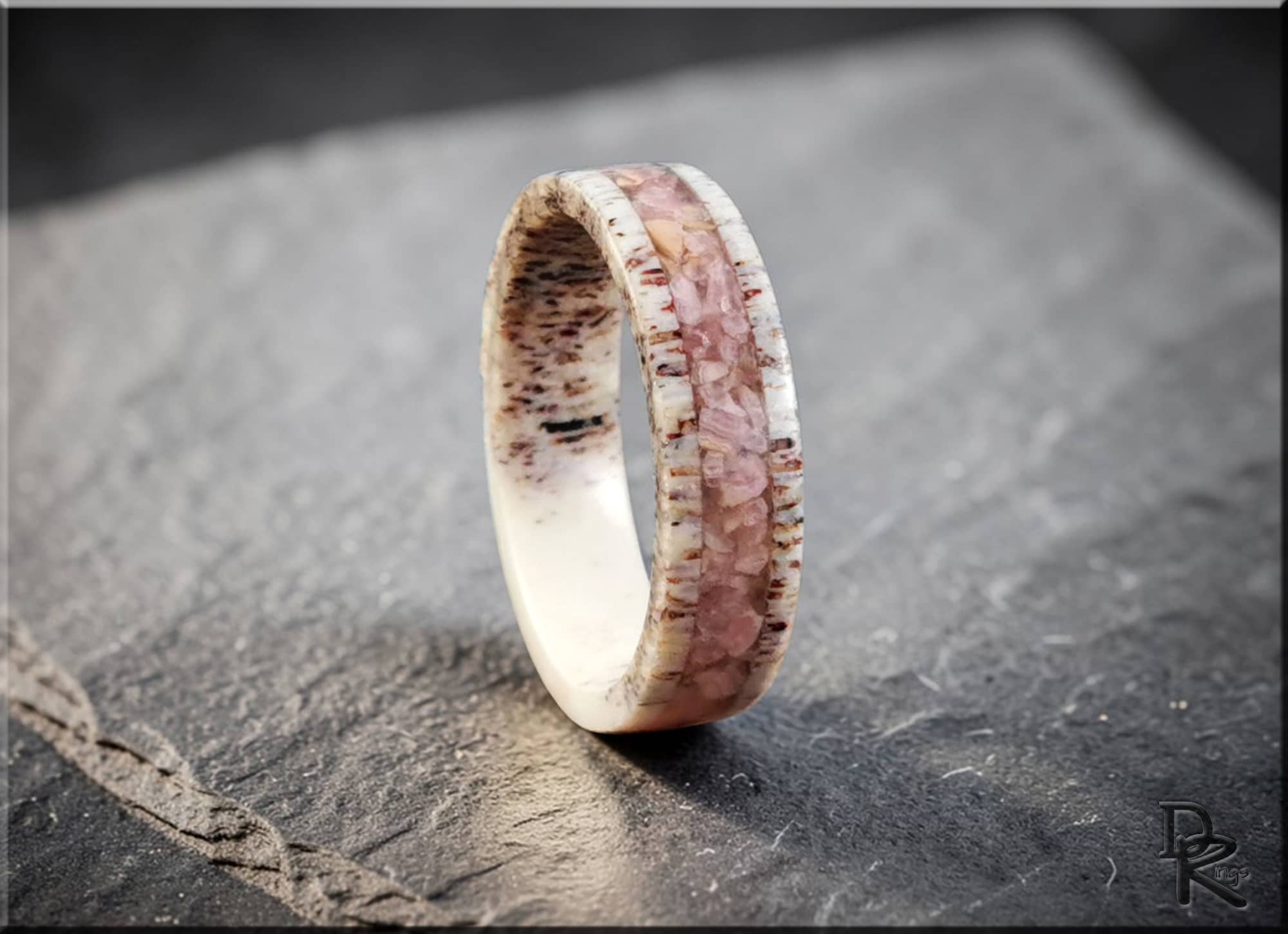Antler Ring with stone inlay featuring a pink and cream natural design by DR Rings