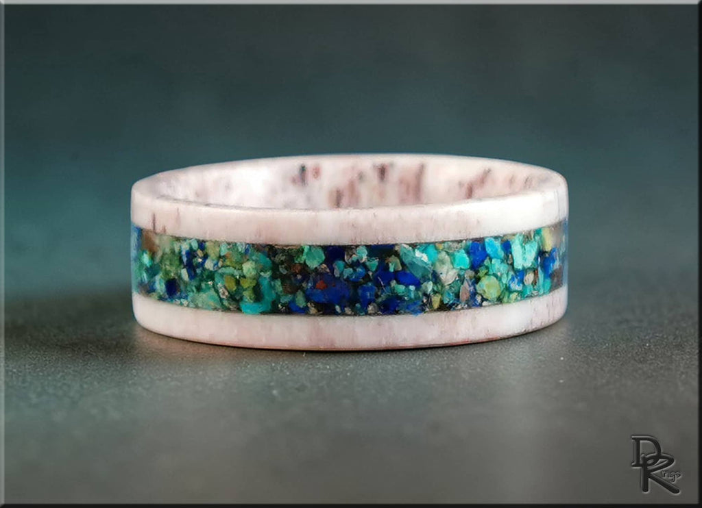 Antler Ring with stone inlay featuring a white antler band and vibrant blue and green stone inlay
