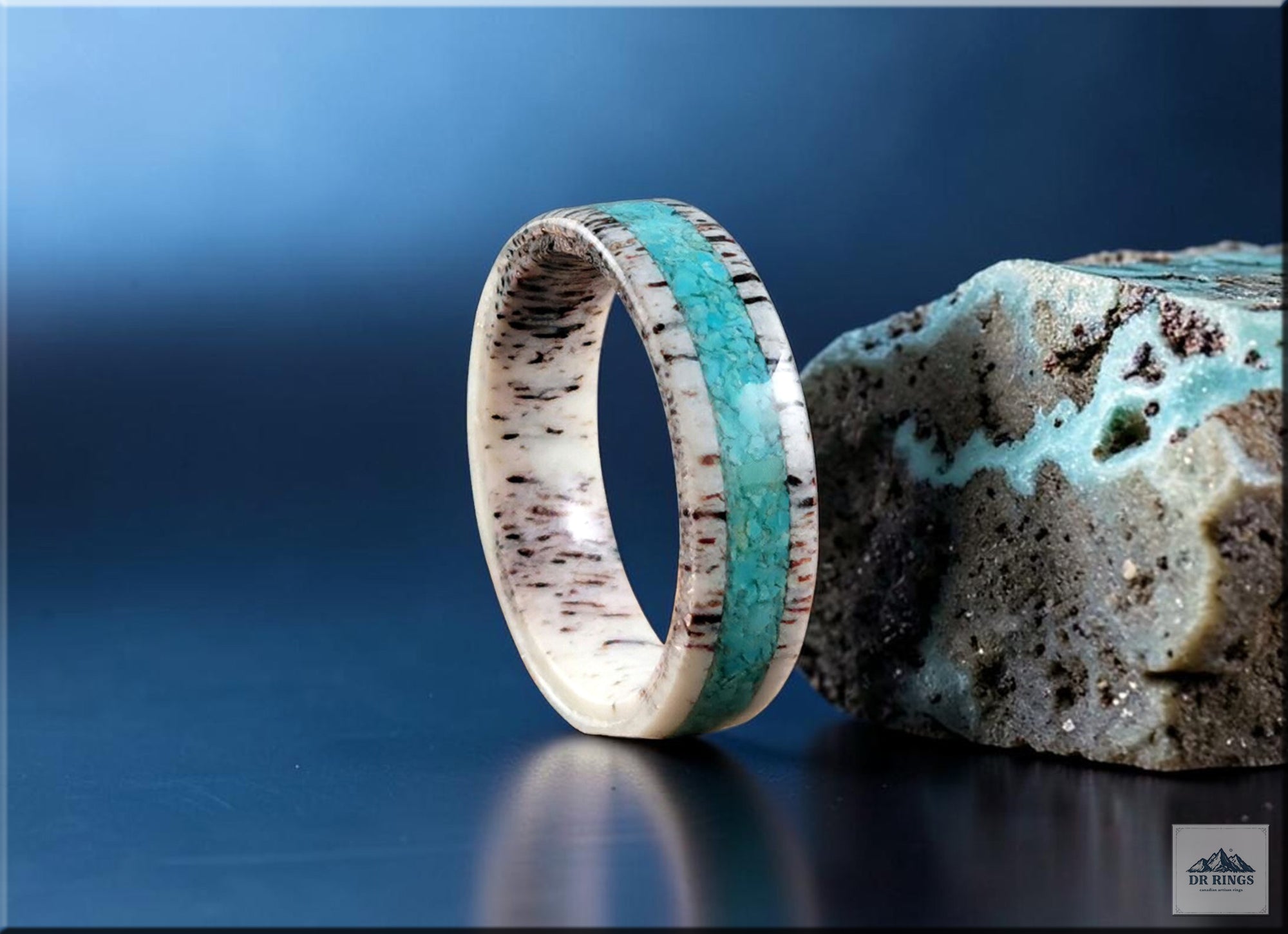 Deer Antler Ring with Kingman Turquoise Inlay