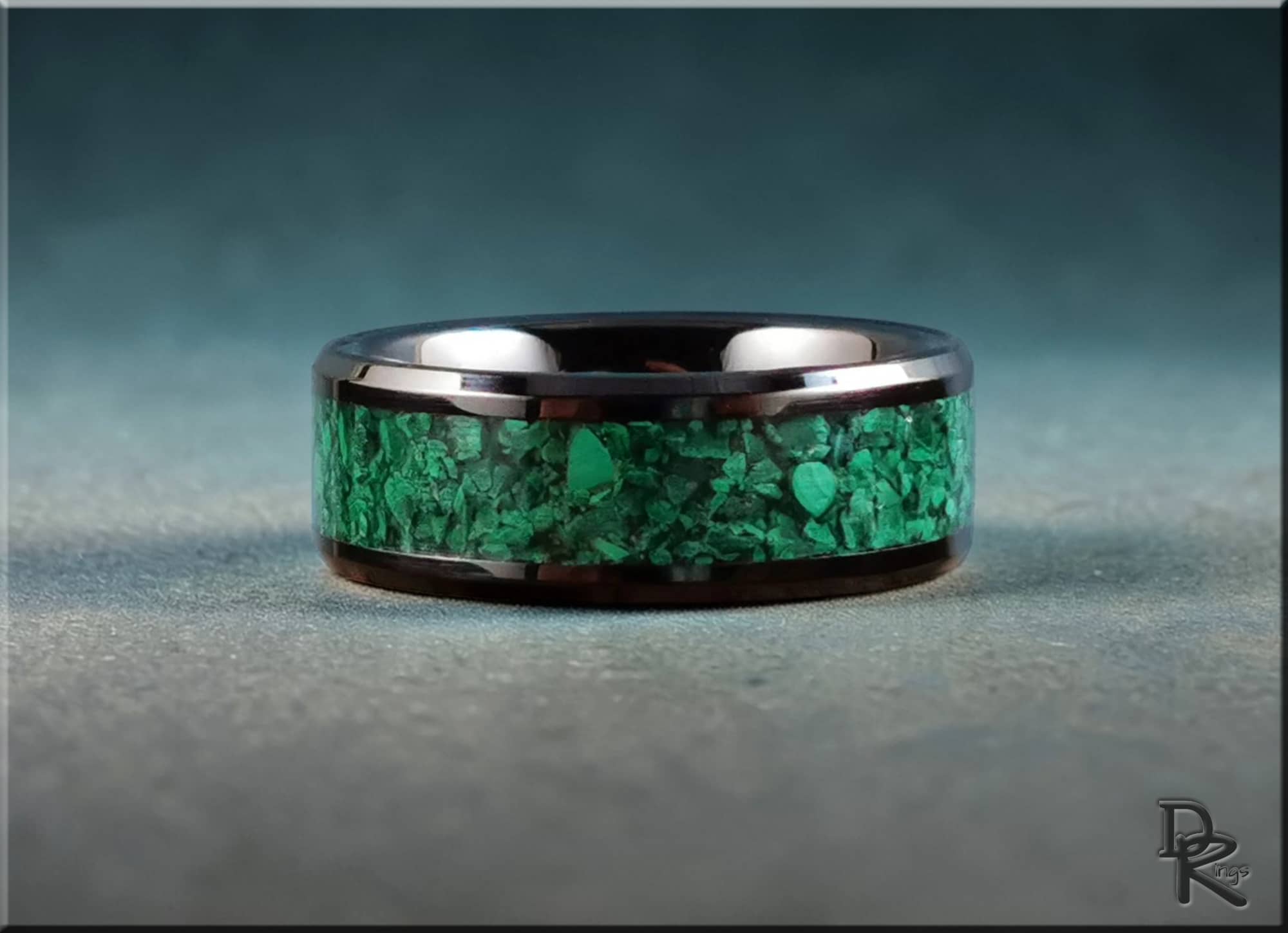 DR Rings black ceramic ring with green stone inlay and polished finish