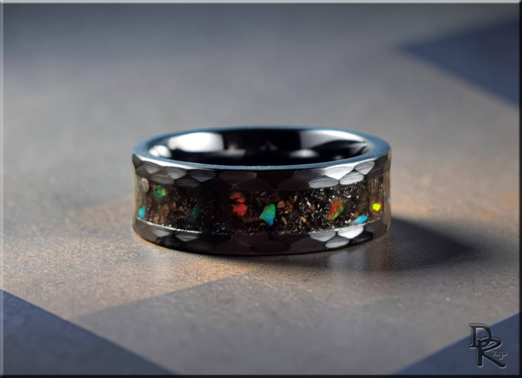 Hammered ceramic ring with inlay featuring colorful opal accents by DR Rings