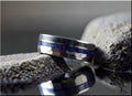 DR Rings hammered tungsten ring with two inlays featuring blue and gray textured bands