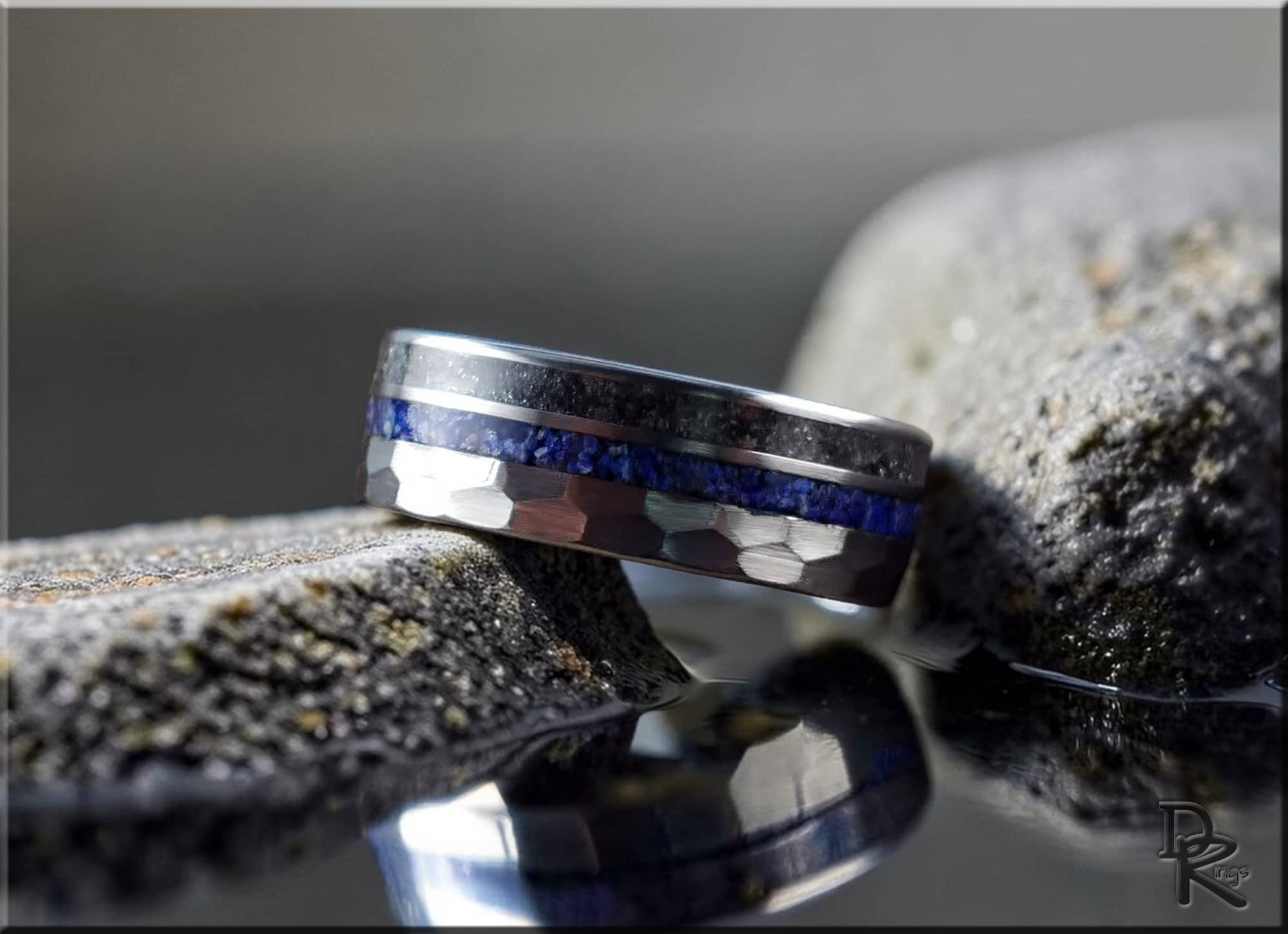 DR Rings hammered tungsten ring with two inlays featuring blue and gray textured bands