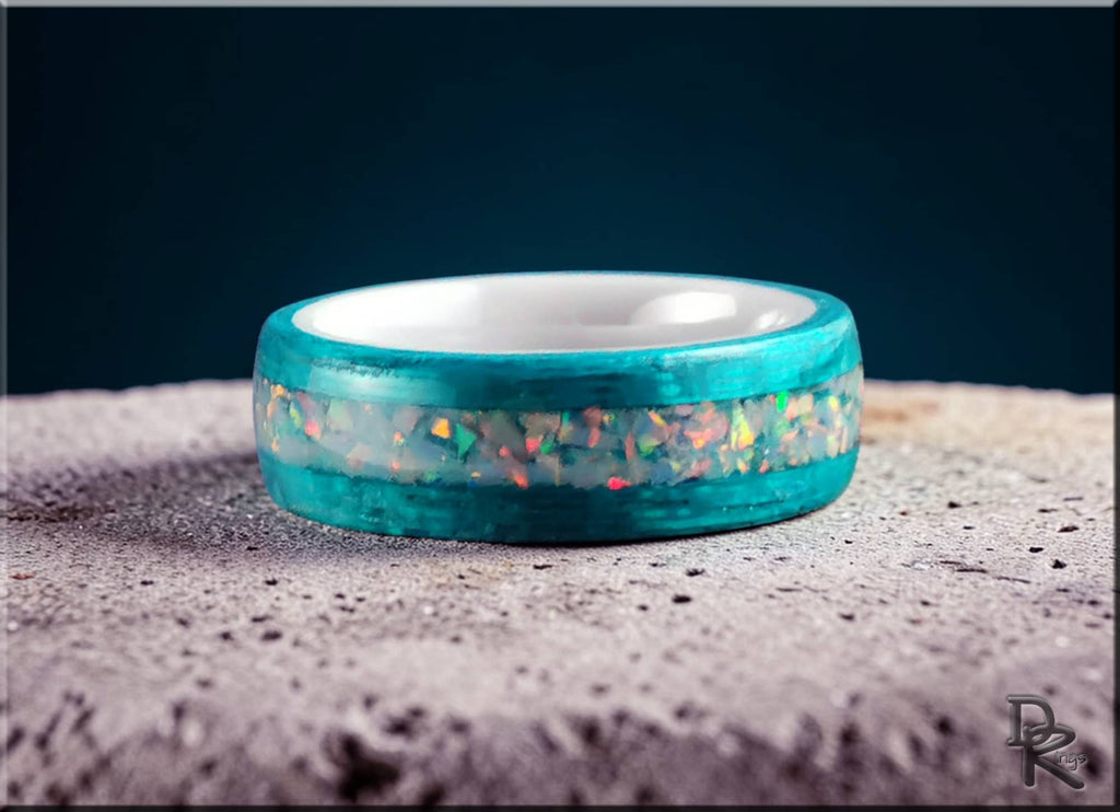 DR Rings opal inlay wood ring with vibrant blue resin and multicolor opal stones embedded
