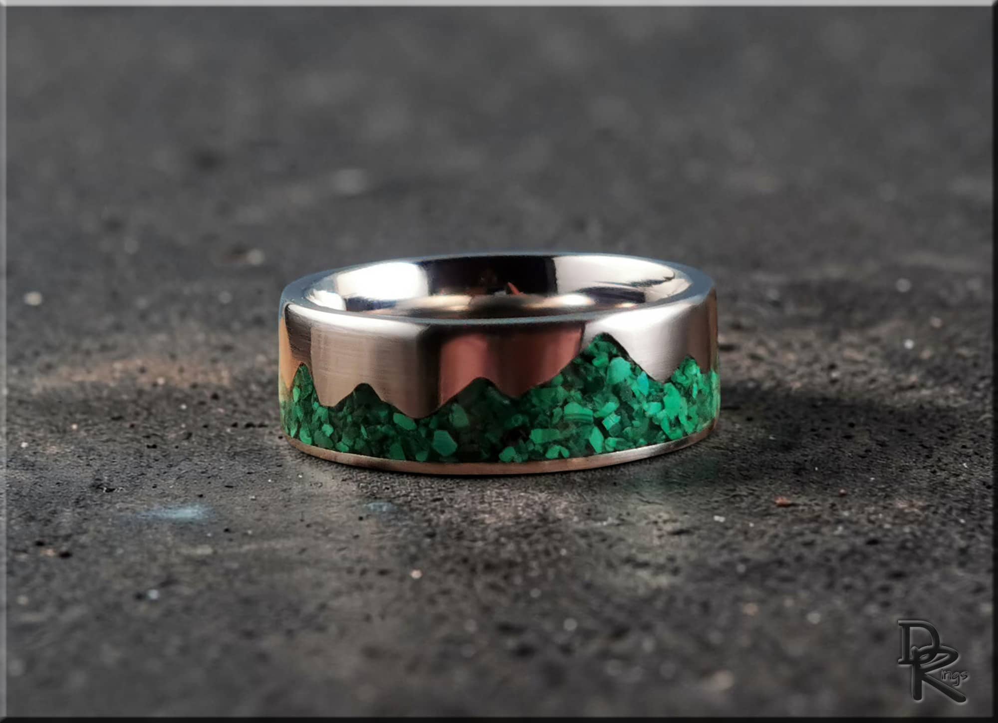 Titanium mountain ring with malachite inlay featuring green stone design by DR Rings