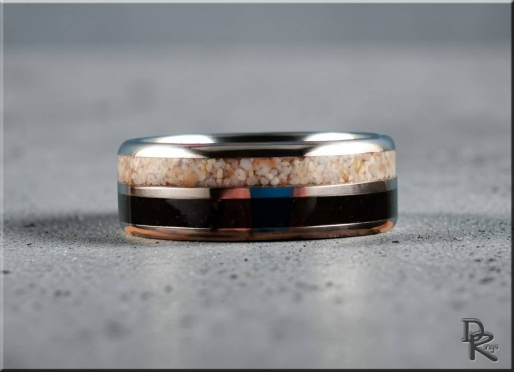 DR Rings titanium ring with dual sand inlays featuring a silver band and contrasting textures