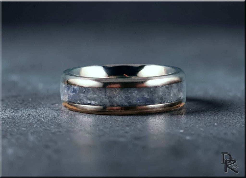 DR Rings titanium ring with kyanite band featuring a polished silver and blue stone inlay design