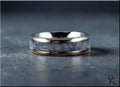 DR Rings titanium ring with kyanite band featuring a polished silver and blue stone inlay design