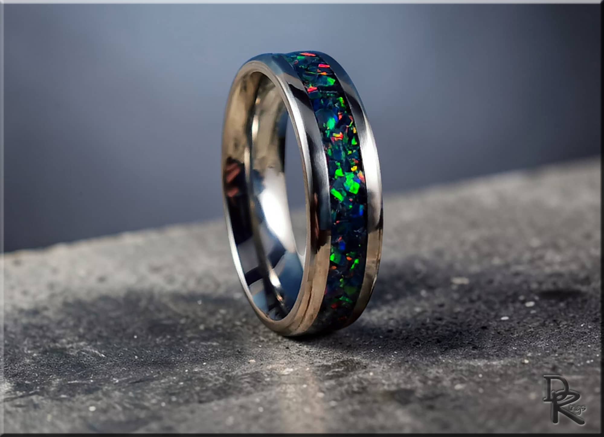 DR Rings titanium ring with opal inlay featuring vibrant multicolor stones on silver band