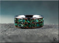 Tungsten carbide ring with two inlays featuring green and blue stone fragments by DR Rings