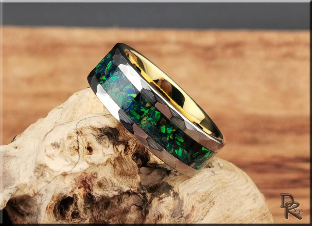 DR Rings tungsten ring with green opal inlay and polished tungsten channel design