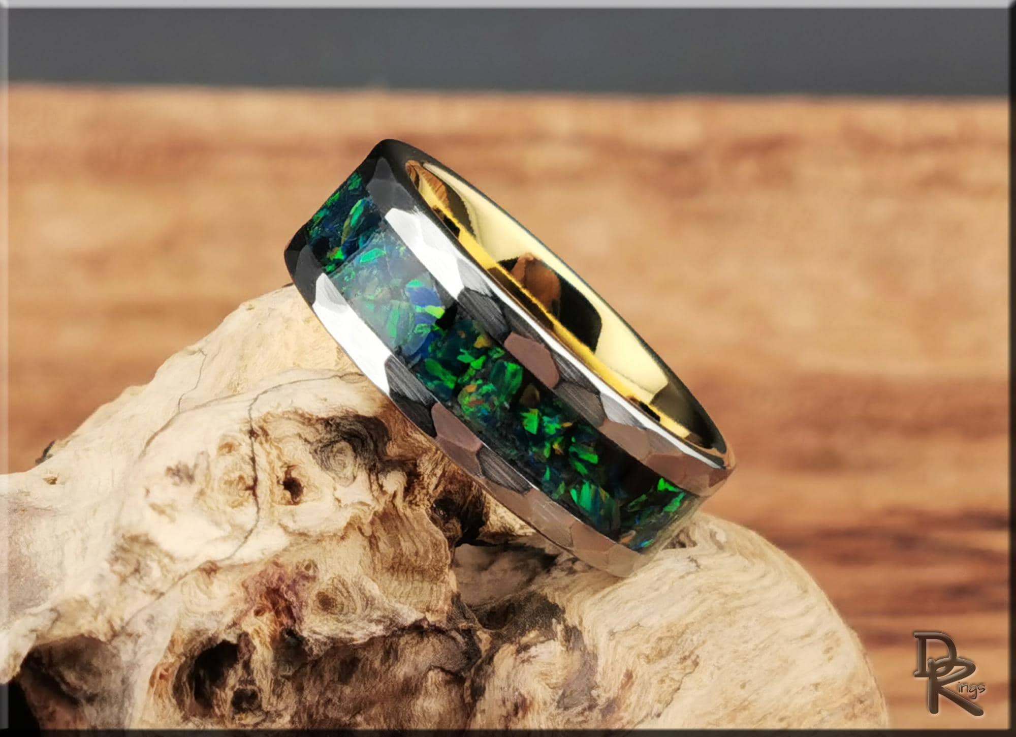 DR Rings tungsten ring with green opal inlay and polished tungsten channel design