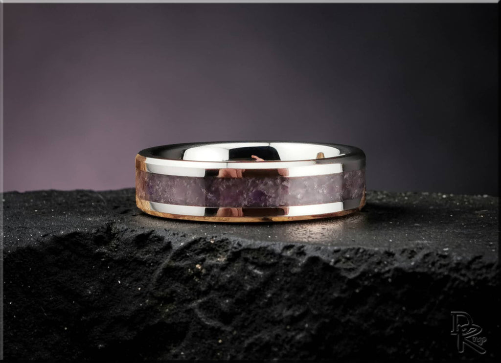 DR Rings tungsten ring with amethyst inlay featuring polished silver edges on textured black surface
