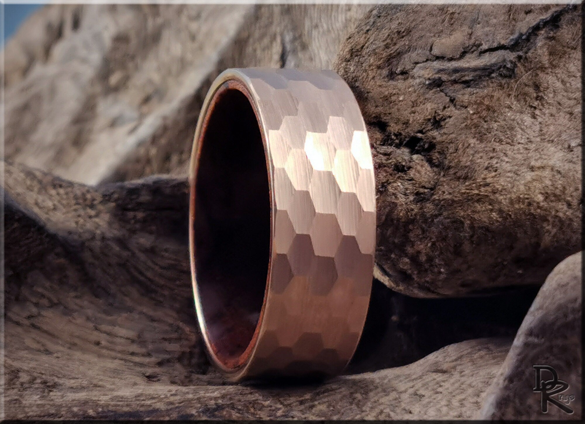 DR Rings tungsten ring with wood liner featuring a hammered texture and polished finish