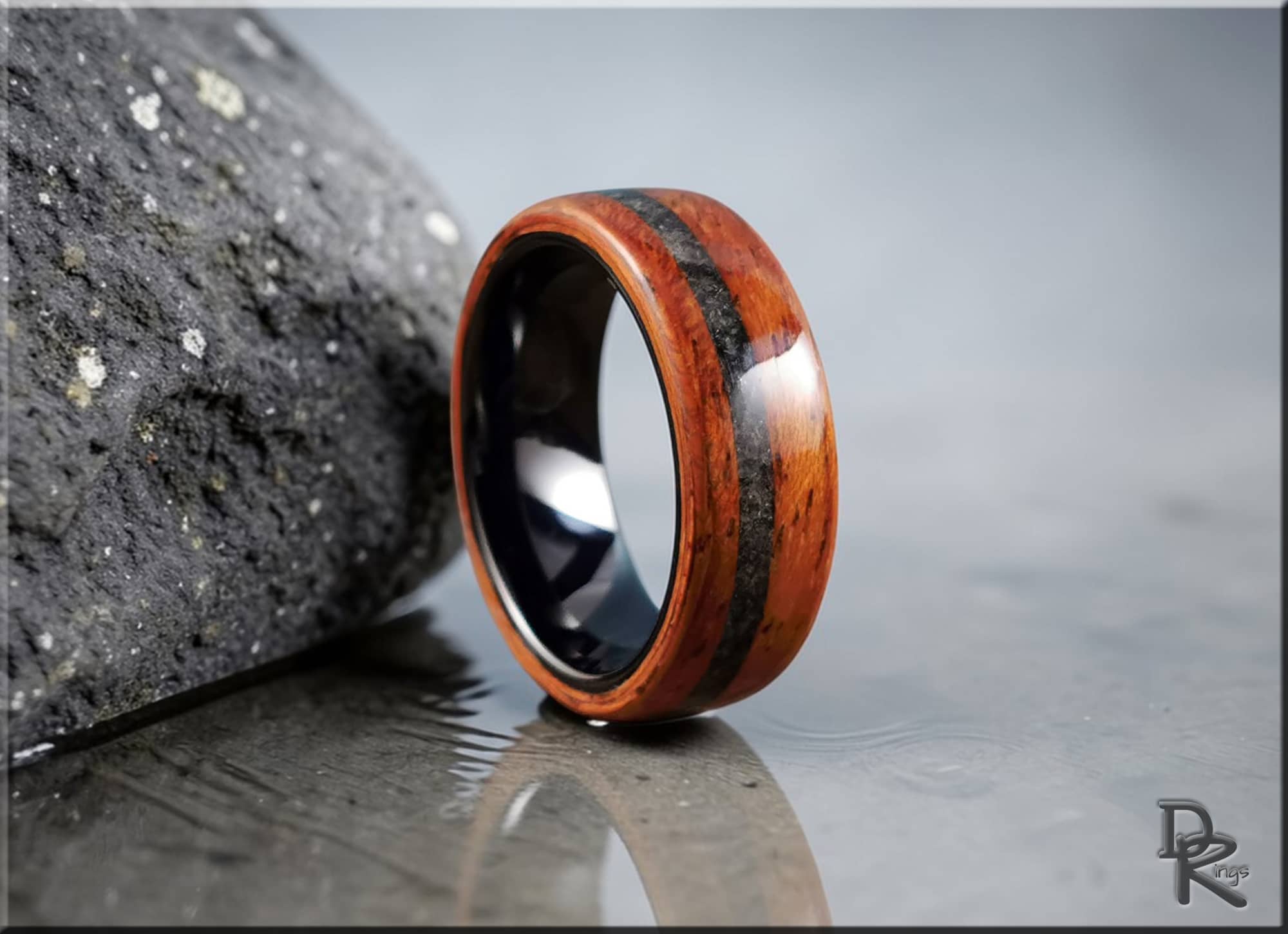 DR Rings wood ring with inlay featuring polished dark center and smooth wooden outer band