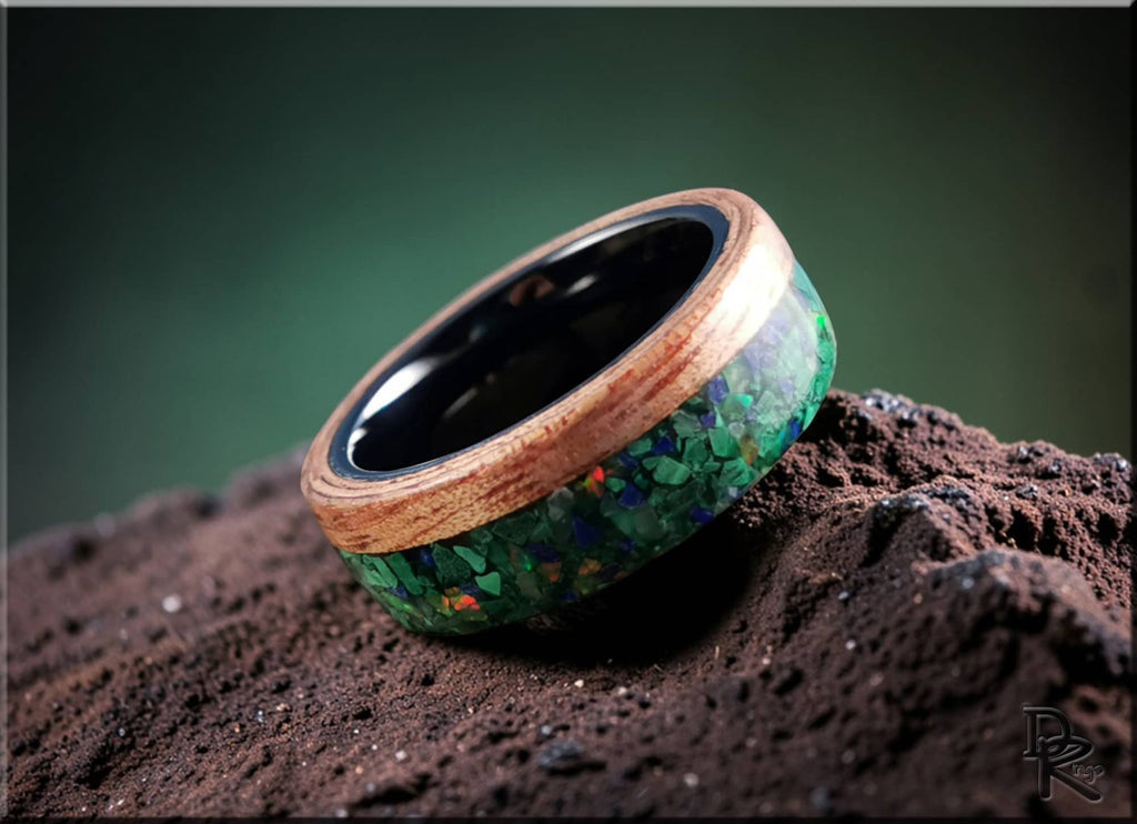 Wood ring with malachite inlay by DR Rings featuring green stone and natural wood design