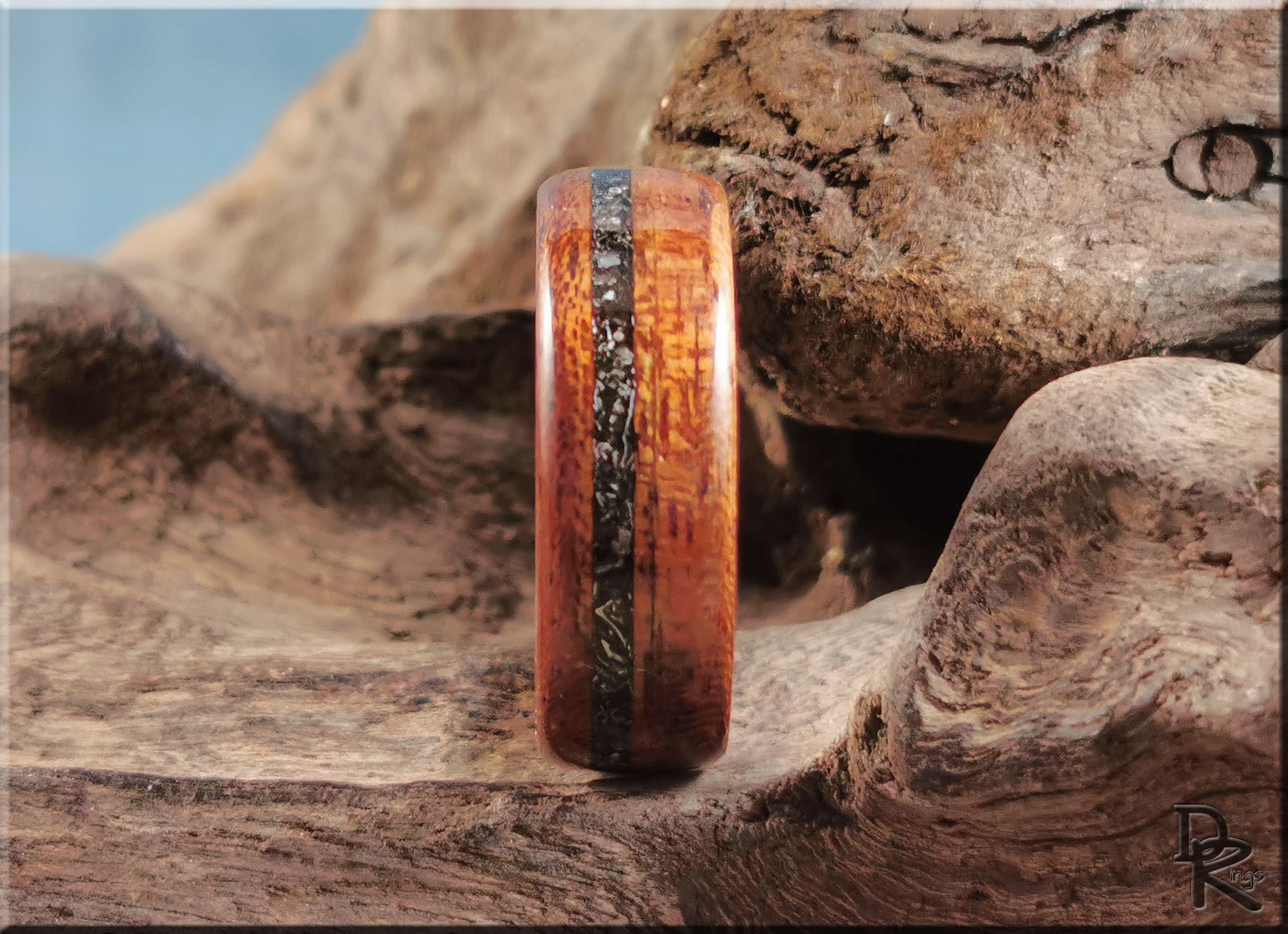 Wood ring with meteorite inlay on deer antler core by DR Rings displayed on natural wood background