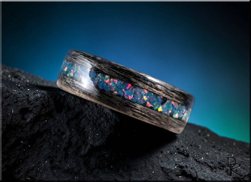 DR Rings wood ring with opal inlay featuring vibrant multicolor opal embedded in natural wood band