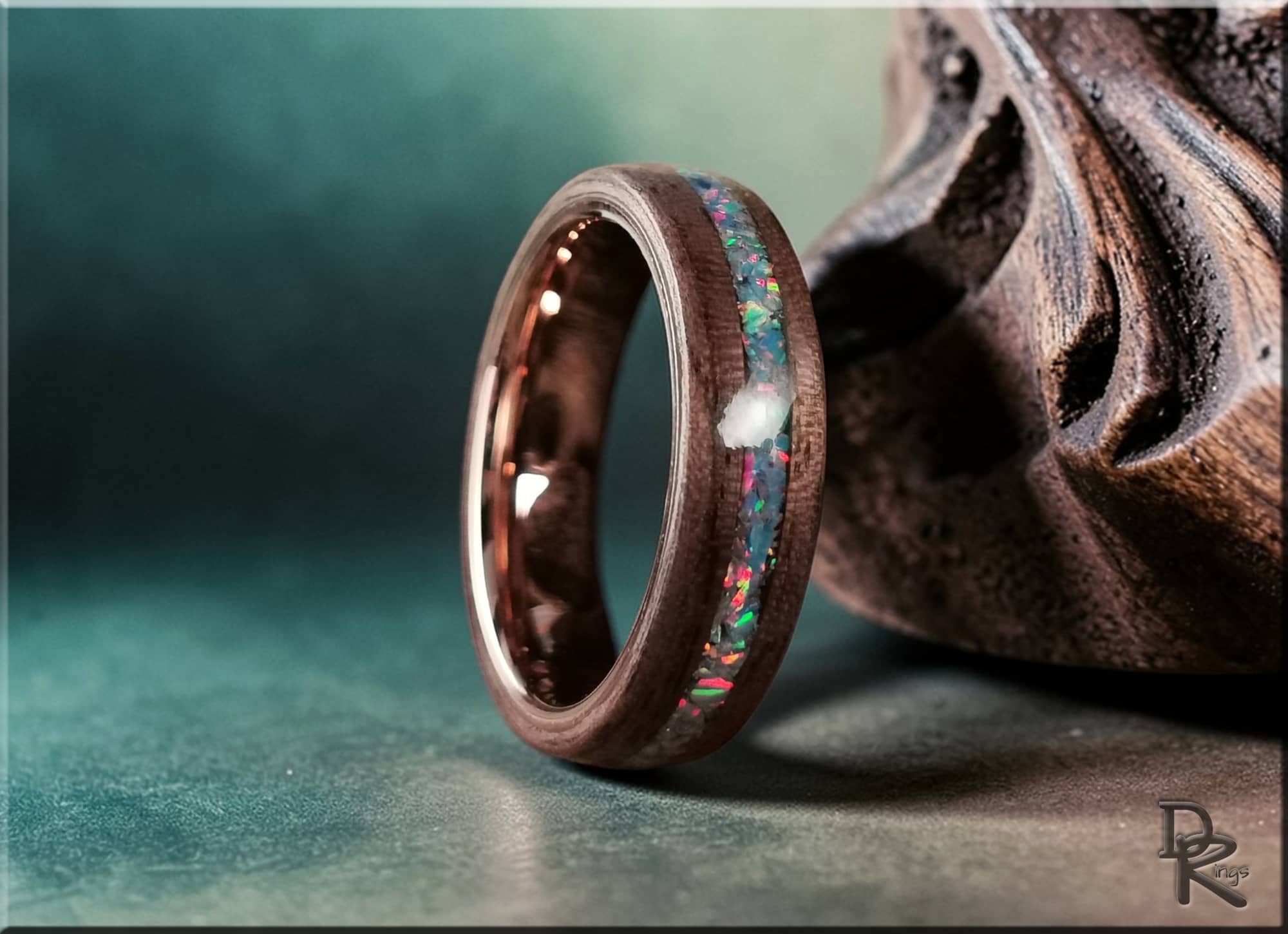 DR Rings wood ring with opal inlay featuring colorful opal details and smooth wooden finish