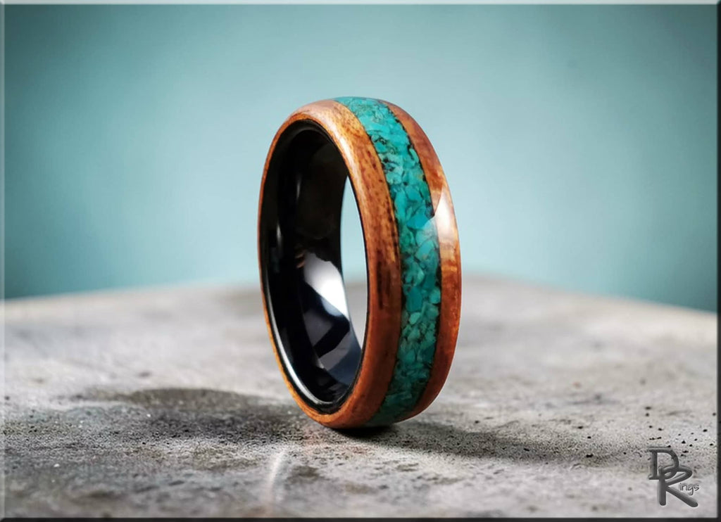 Wood ring with stone inlay featuring turquoise stone and polished wooden edges by DR Rings