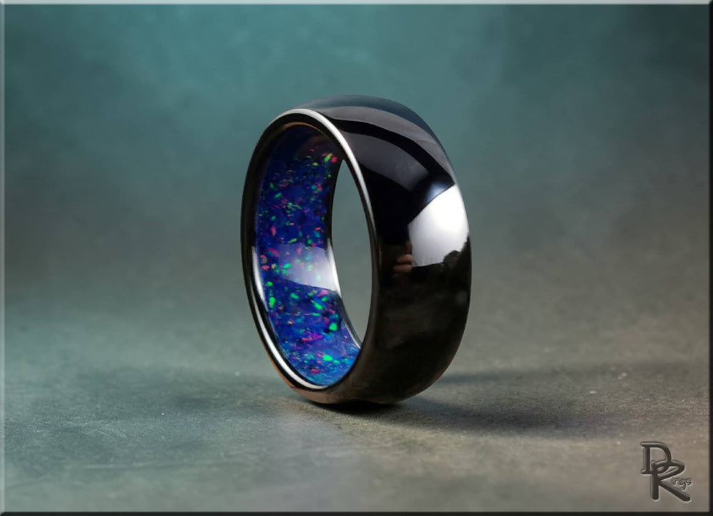 Black Ceramic Ring with Inner Opal Inlay