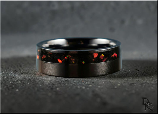Black Ceramic Ring with offset Black Tourmaline and Opal inlay, 8mm