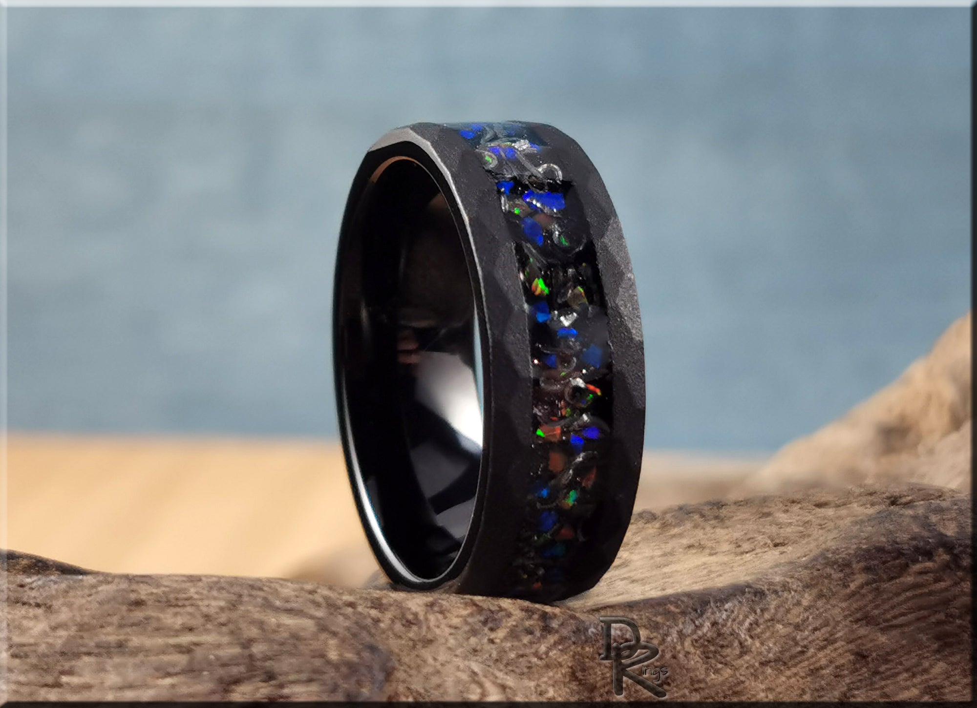 Sandblasted Hammered Black Tungsten Ring with Opal and Meteorite Inlay