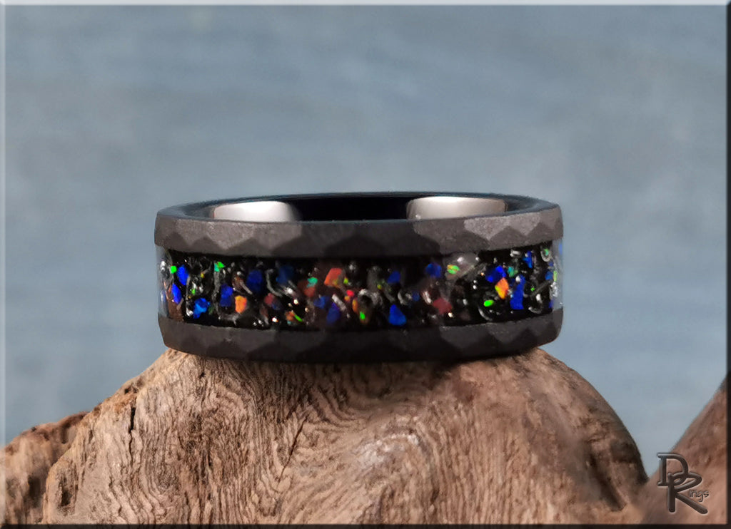 Sandblasted Hammered Black Tungsten Ring with Opal and Meteorite Inlay