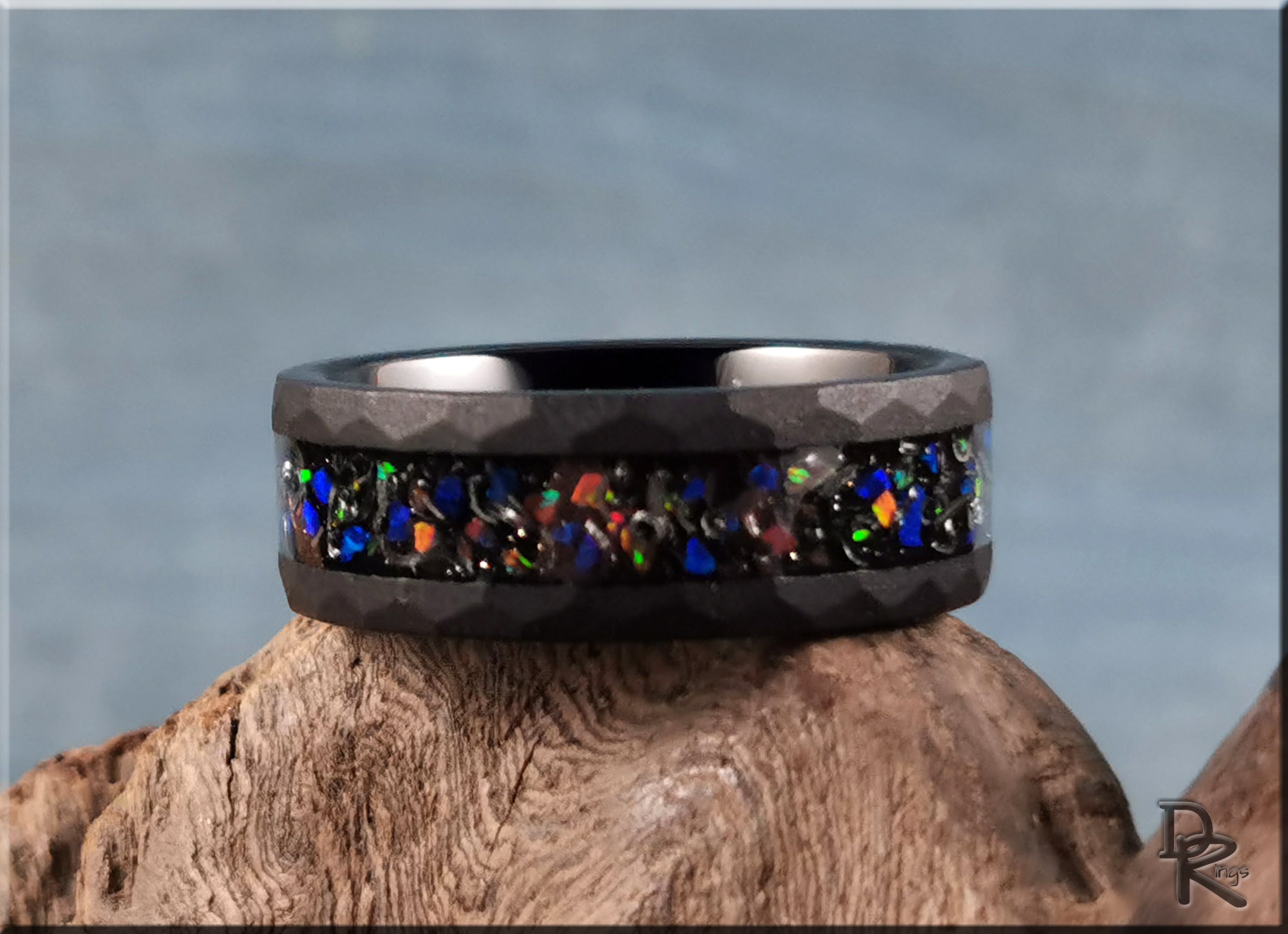 Sandblasted Hammered Black Tungsten Ring with Opal and Meteorite Inlay