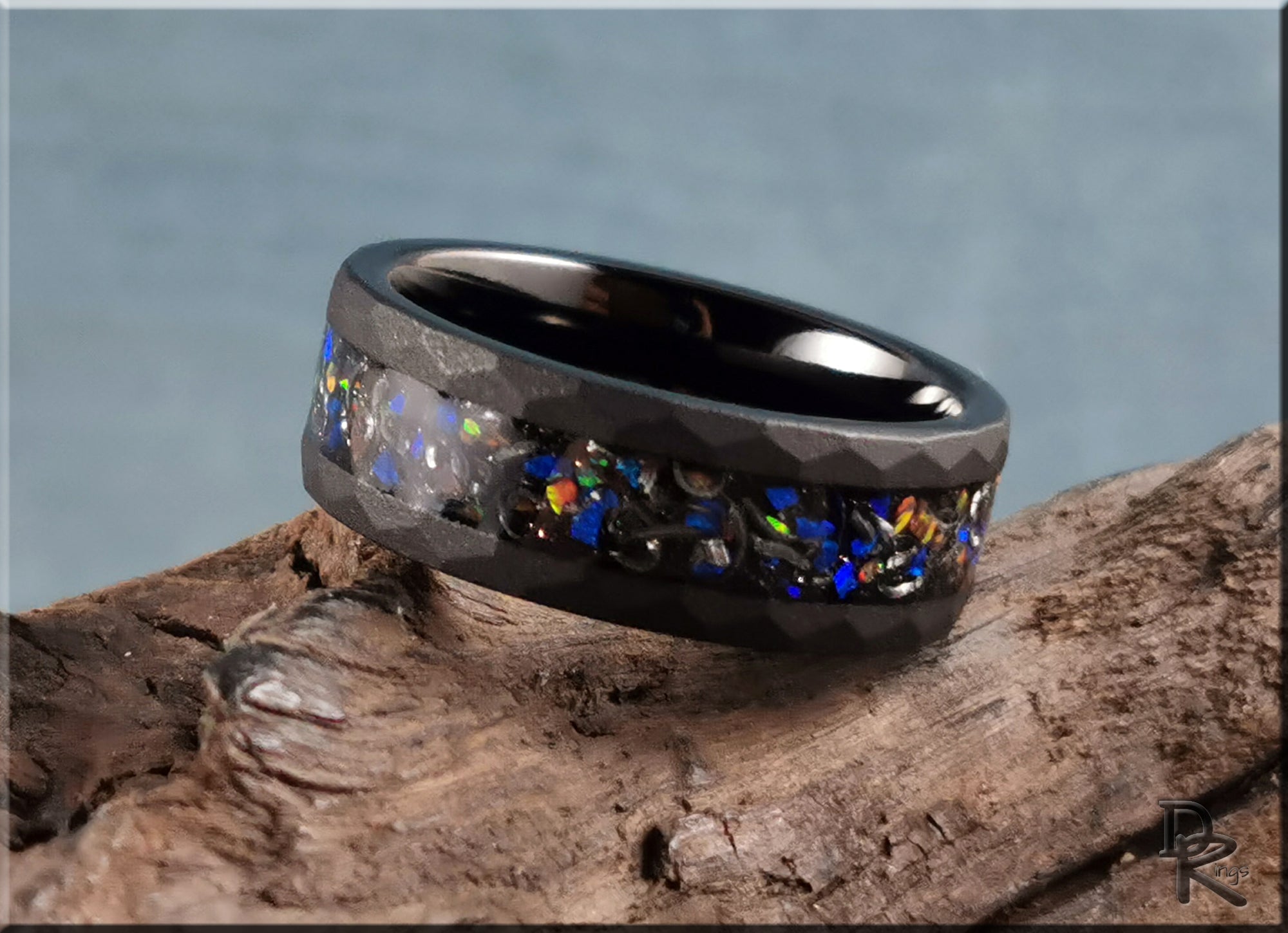 Sandblasted Hammered Black Tungsten Ring with Opal and Meteorite Inlay