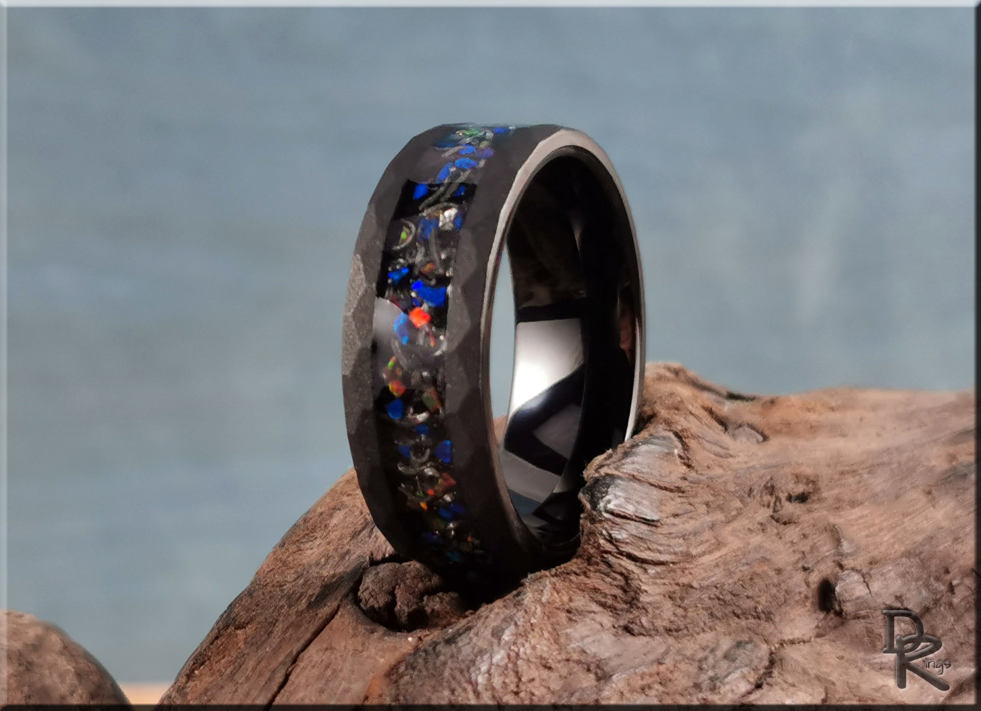 Sandblasted Hammered Black Tungsten Ring with Opal and Meteorite Inlay