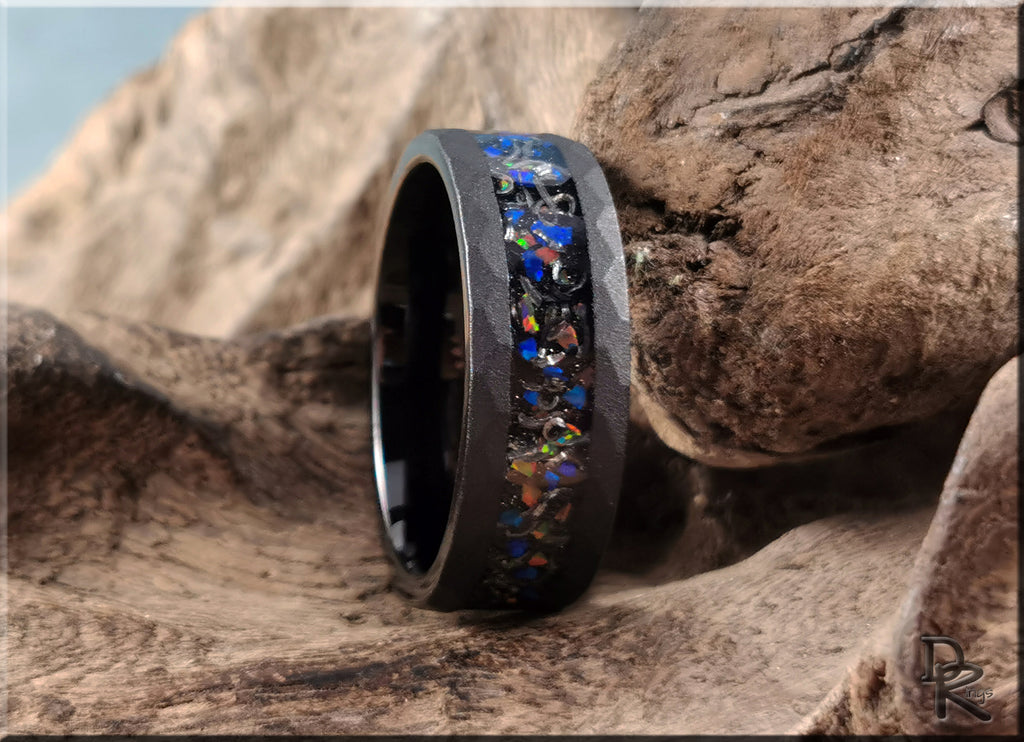 Sandblasted Hammered Black Tungsten Ring with Opal and Meteorite Inlay