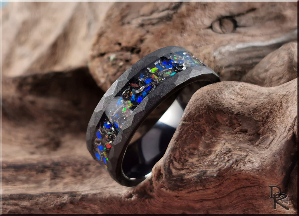 Sandblasted Hammered Black Tungsten Ring with Opal and Meteorite Inlay
