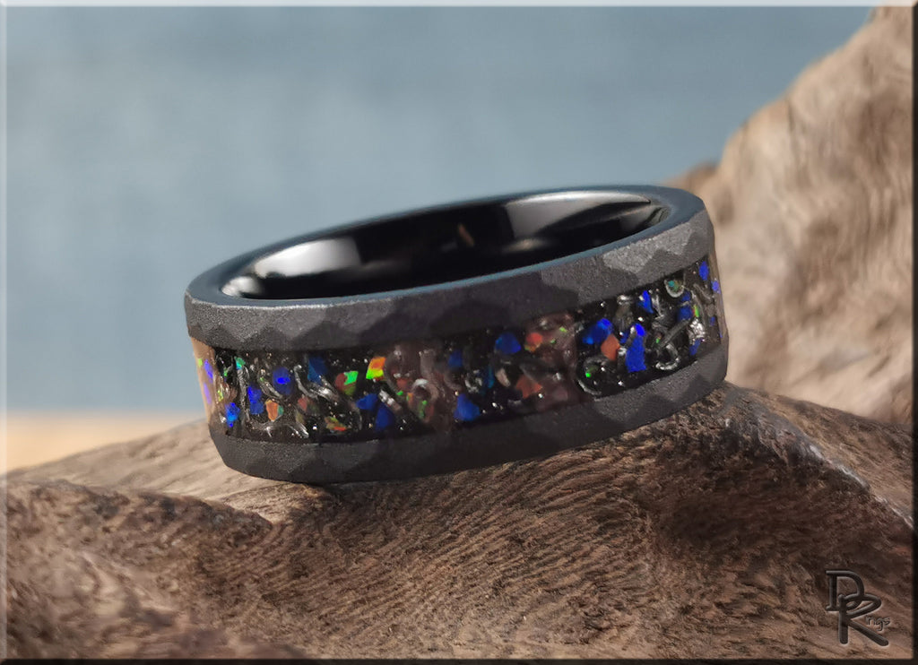 Sandblasted Hammered Black Tungsten Ring with Opal and Meteorite Inlay