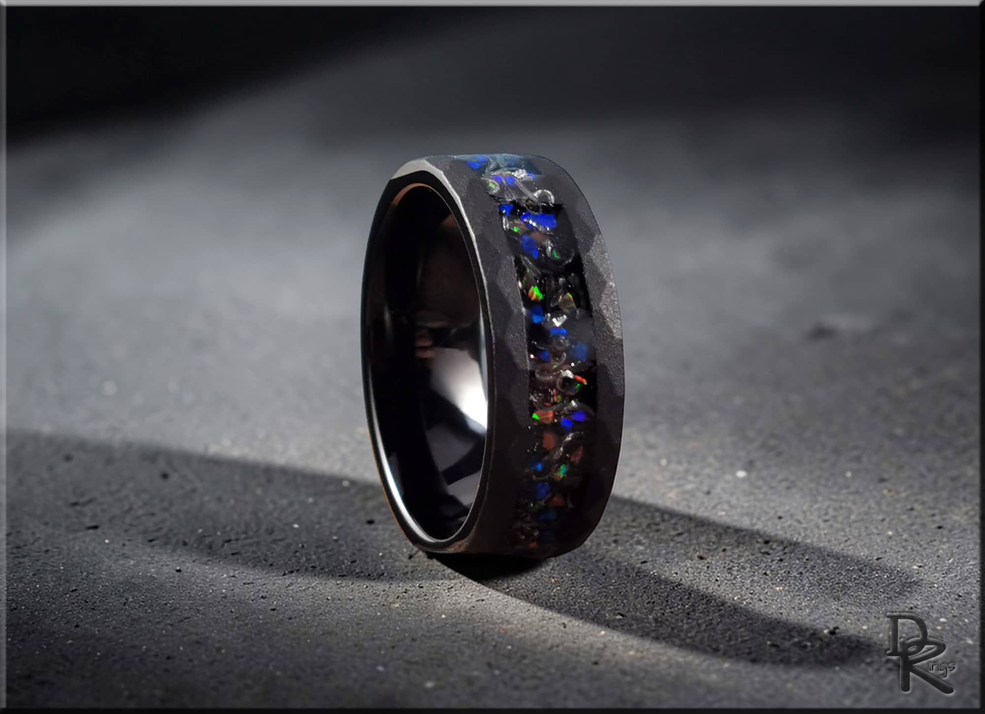 Sandblasted Hammered Black Tungsten Ring with Opal and Meteorite Inlay