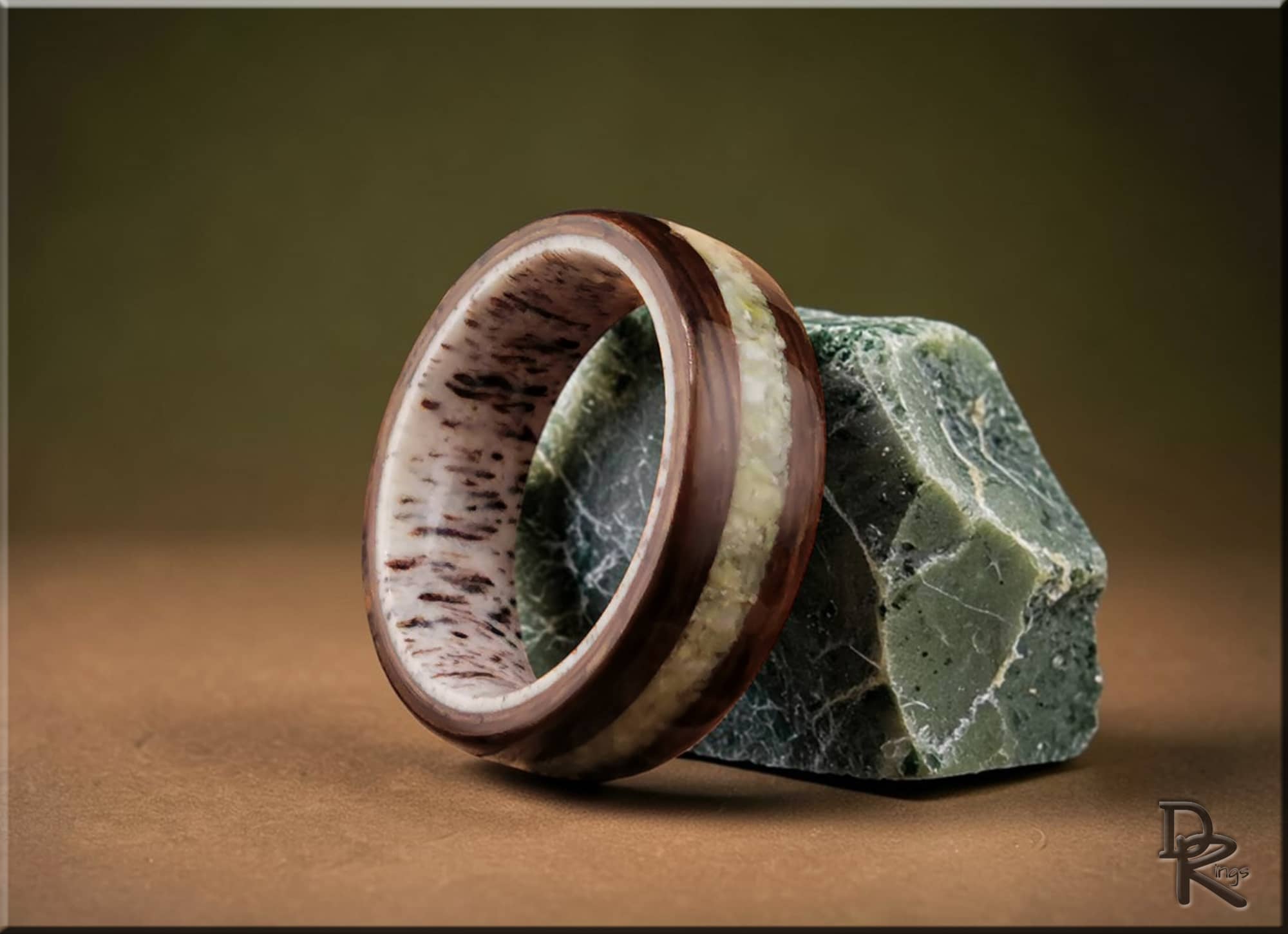 Bentwood Ring: Ancient Bog Oak, Irish Connemara inlay, Deer Antler core