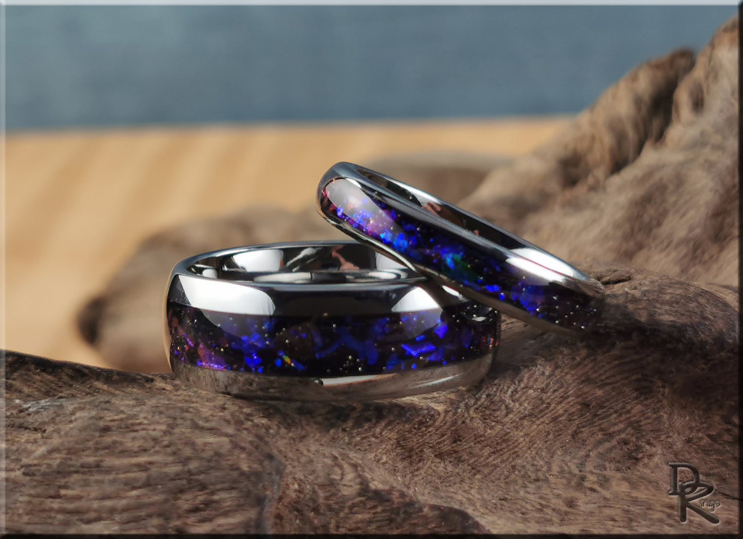 Polished Tungsten Carbide Channel Ring Set w/Celestial Sandstone inlays - tungsten ring set