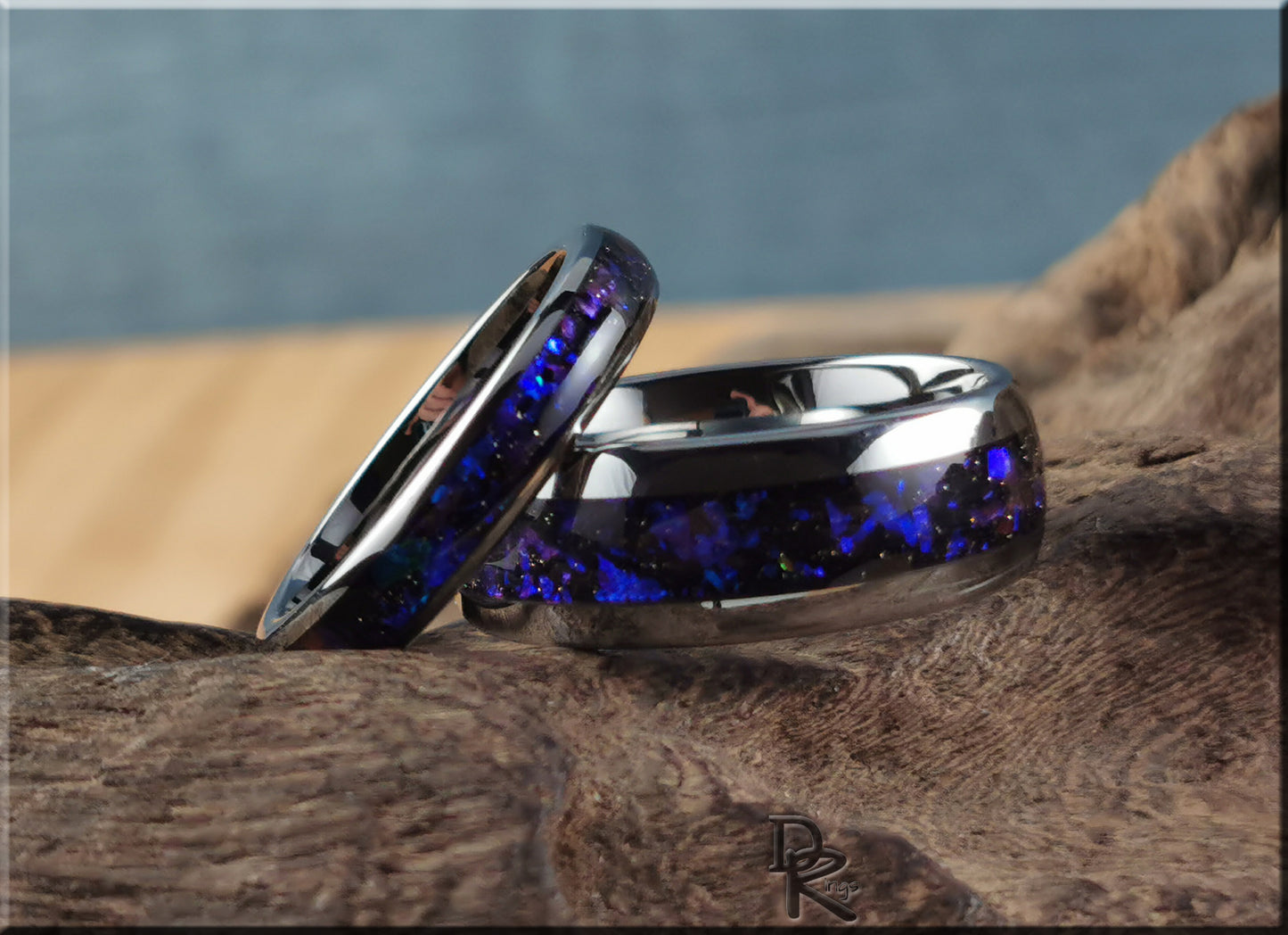 Polished Tungsten Carbide Channel Ring Set w/Celestial Sandstone inlays - tungsten ring set