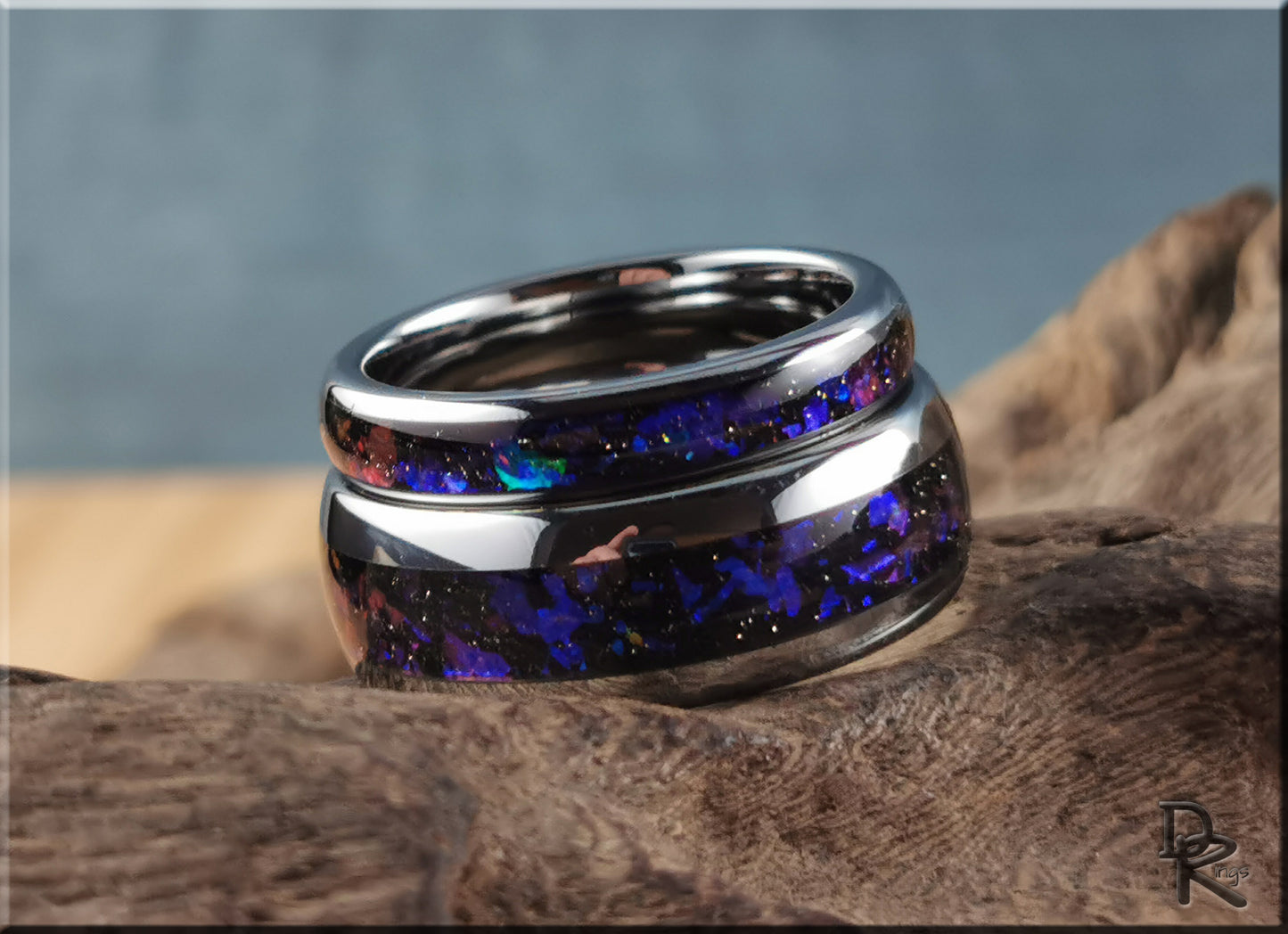 Polished Tungsten Carbide Channel Ring Set w/Celestial Sandstone inlays - tungsten ring set