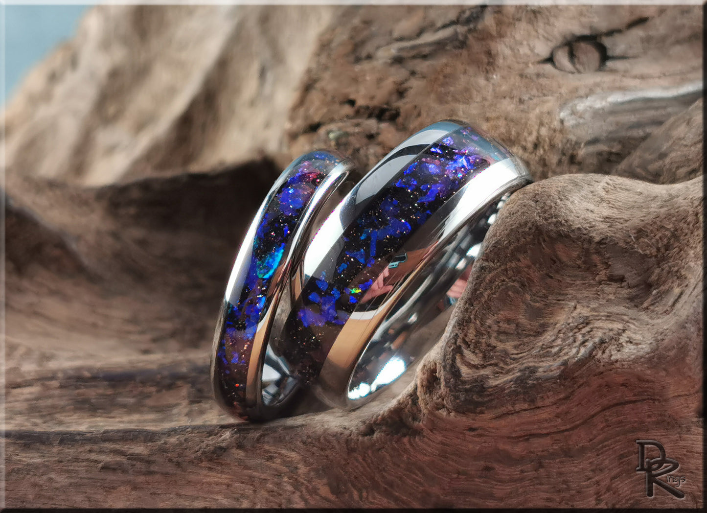 Polished Tungsten Carbide Channel Ring Set w/Celestial Sandstone inlays - tungsten ring set